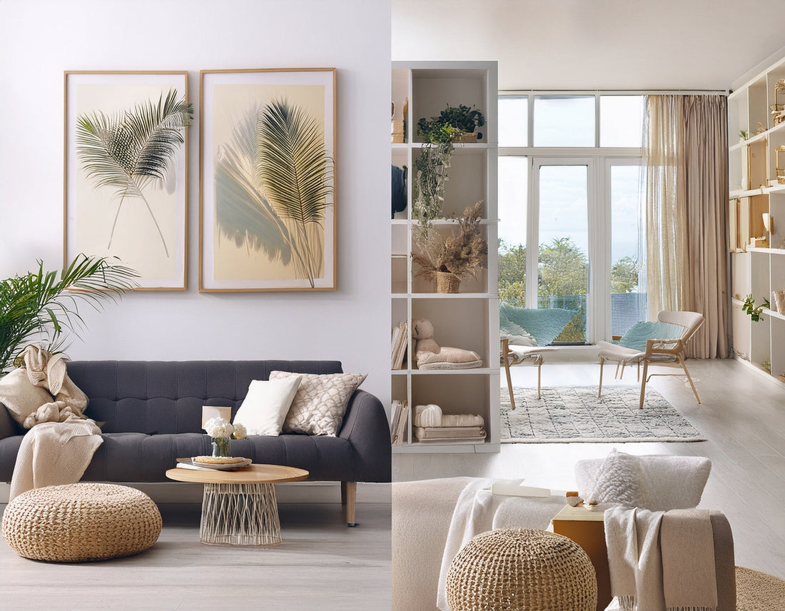 Helles, mediterran inspiriertes Wohnzimmer mit natürlichen Materialien, neutralen Farbtönen, Holz- und Rattanelementen sowie stilvoller Wanddekoration mit Palmenmotiven.