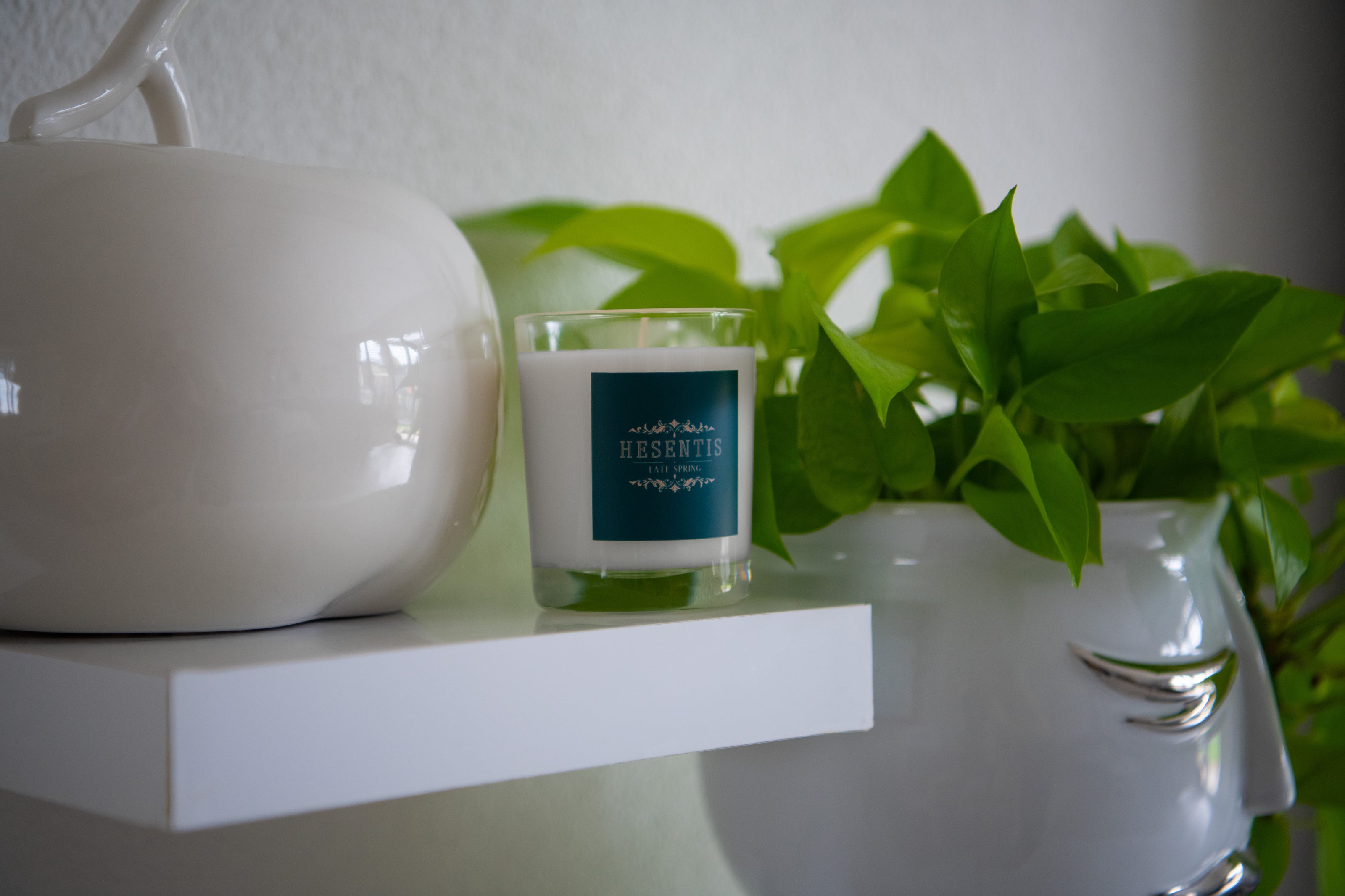 Hesentis Late Spring scented candle decoratively displayed on a white shelf with plant arrangement, combined with elegant white ceramic.